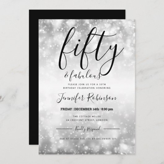 シルバーモダンフィフティ&ファブラス50誕生日 招待状 (正面/裏面)