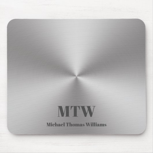 シルバーモダンブラシ仕上げメタルのルック名とモノグラム マウスパッド (正面)