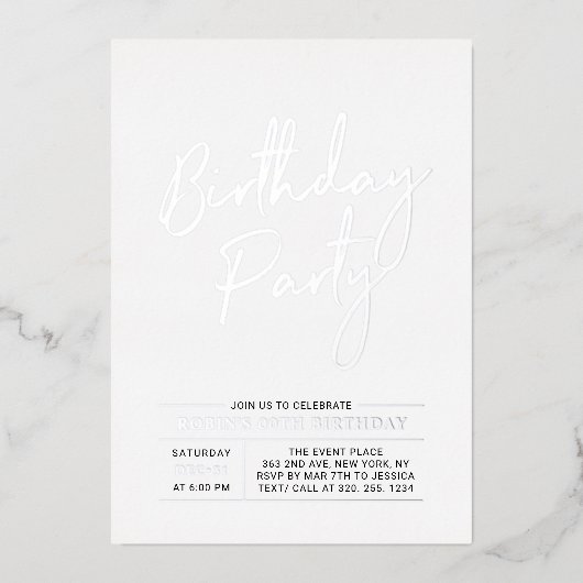 シルバーモダンブラシ台本アダルトバースデーパーティー 箔招待状 (正面)