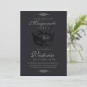 シルバーモダンブラックマスカレードパーティー誕生日 招待状 (スタンド正面)