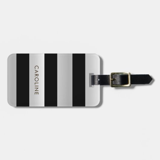 シルバーモダンメタルブラックストライプの名前をカスタムするアドレス ラゲッジタグ (正面横)