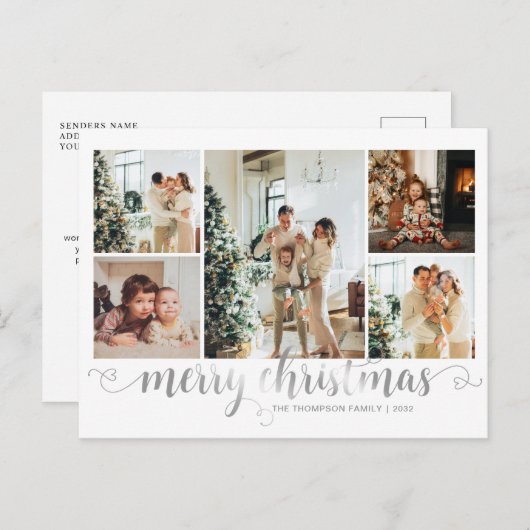 シルバーモダンメリークリスマスハートスクリプト5写真 シーズンポストカード (正面/裏面)