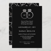 シルバーモダンリングや輪ブラック結婚式招待状 招待状 (正面/裏面)