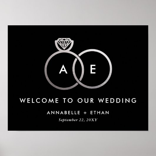 シルバーモダンリングや輪結婚のウェルカムサイン ポスター (正面)