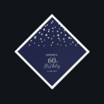 シルバーモダン&ネイビーブルー60thバースデーパーティー スタンダードカクテルナプキン<br><div class="desc">このパーソナライズされた紙ナプキンはスタイリッシュ特別な日に詳細を追加する。このデザインはモダンシルバー&ネイビーブルー六角紙吹雪と文字を備えカスタムている。銀モダンテーマ60歳の誕生日パーティーに最適。マッチング招待状とパーティー用品は私のショップBaraBomDesignで利用可能。</div>