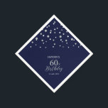 シルバーモダン&ネイビーブルー60thバースデーパーティー スタンダードカクテルナプキン<br><div class="desc">このパーソナライズされた紙ナプキンはスタイリッシュ特別な日に詳細を追加する。このデザインはモダンシルバー&ネイビーブルー六角紙吹雪と文字を備えカスタムている。銀モダンテーマ60歳の誕生日パーティーに最適。マッチング招待状とパーティー用品は私のショップBaraBomDesignで利用可能。</div>