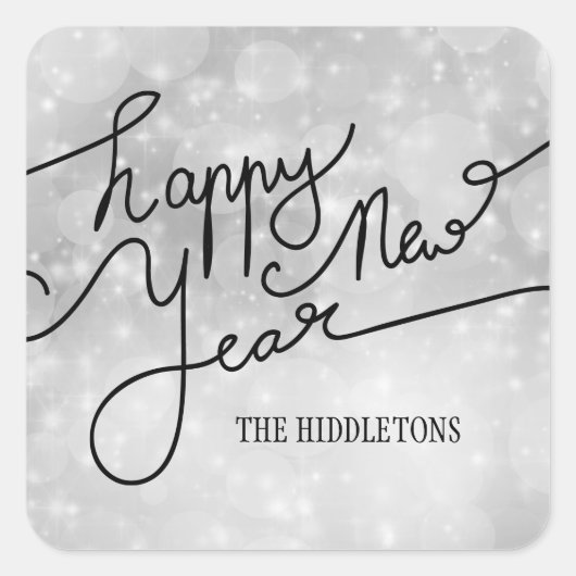 シルバーモダン《写真》ぼけ味パターンHappy New Year Script スクエアシール (正面)