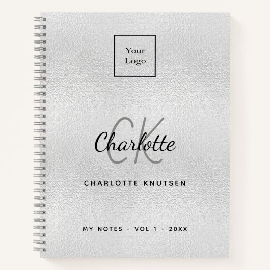 シルバーモノグラムの現代的なビジネスロゴ ノートブック (正面)