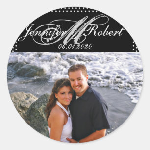 シルバーモノグラムオンブラック水玉模様結婚ズ ラウンドシール