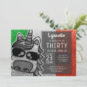 シルバーユニコーングリッターイタリア国旗イタリアン誕生日 招待状 (スタンド正面)