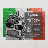 シルバーユニコーングリッターイタリア国旗イタリアン誕生日 招待状 (正面/裏面)