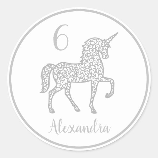 シルバーユニコーン誕生日パーティー独自の名前 ラウンドシール (正面)
