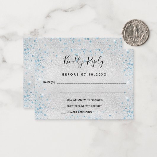シルバーライトブルーグリッターエレガントな結婚式RSVP ノートカード (正面/裏面インサイチュ)