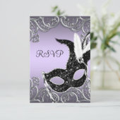 シルバーラベンダーとブラックマスカレードパーティーRSVP 出欠カード (スタンド正面)