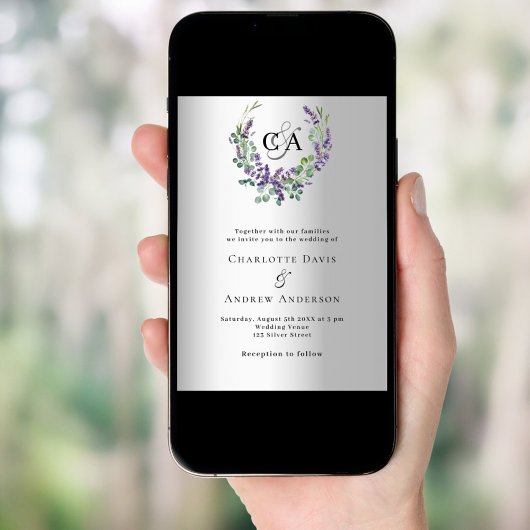 シルバーラベンダーバイオレット花模様モノグラム結婚ズ 招待状