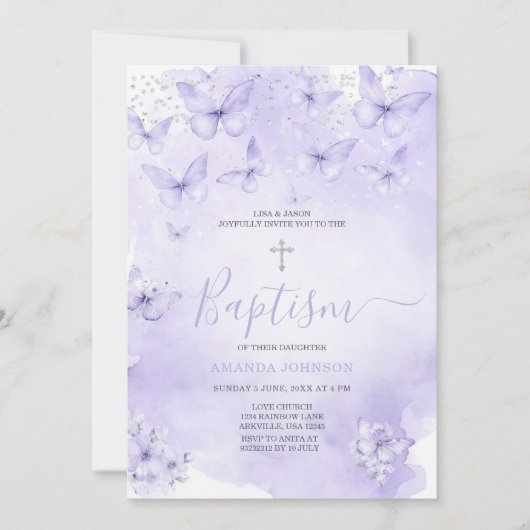シルバーラベンダーバタフライ Baptism パープル 招待状 (正面)