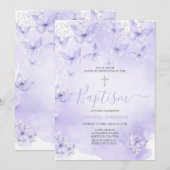 シルバーラベンダーバタフライ Baptism パープル 招待状 (正面/裏面)