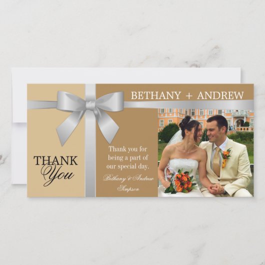 シルバーリボンとアンティーク金ゴールド結婚の感謝 サンキューカード (正面)