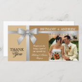 シルバーリボンとアンティーク金ゴールド結婚の感謝 サンキューカード (正面/裏面)