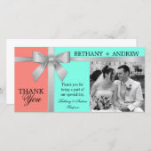 シルバーリボンアクアコーラルピンク結婚ズありがとう サンキューカード (正面/裏面)