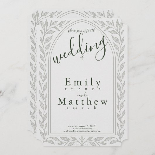 シルバーリーフエルフ結婚ェン – つる植物&アーチデザイン 招待状 (正面/裏面)