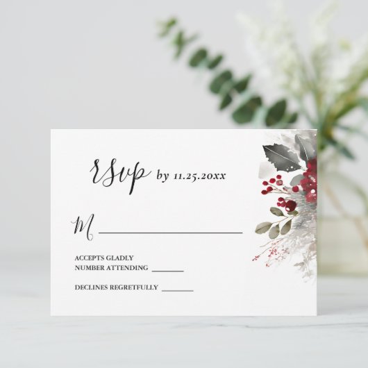 シルバーレッドウィンタークリスマス結婚フローラ 出欠カード (スタンド正面)