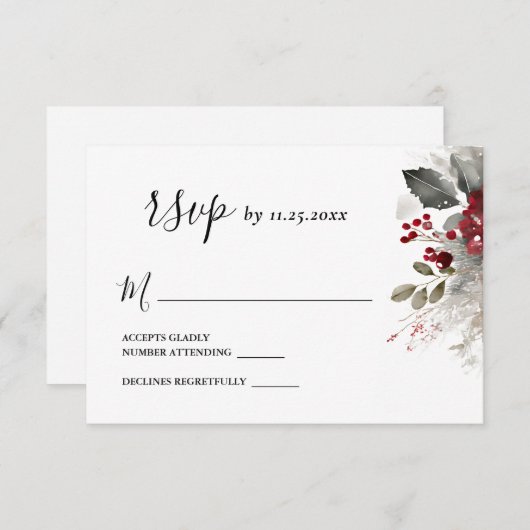 シルバーレッドウィンタークリスマス結婚フローラ 出欠カード (正面/裏面)