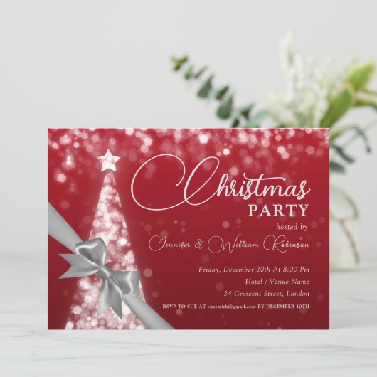 シルバーレッドエレガントきらめくクリスマスツリーホリデー 招待状 (スタンド正面)