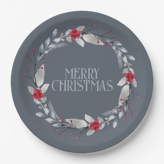シルバーレッドエレガントメリークリスマスリース ペーパープレート (正面)