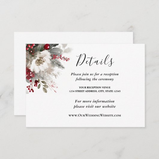 シルバーレッドクリスマスウィンター結婚フローラ エンクロージャーカード (正面/裏面)