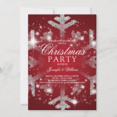 シルバーレッドグリッタースノーフレーククリスマスズホリデーパーティ 招待状 (正面)