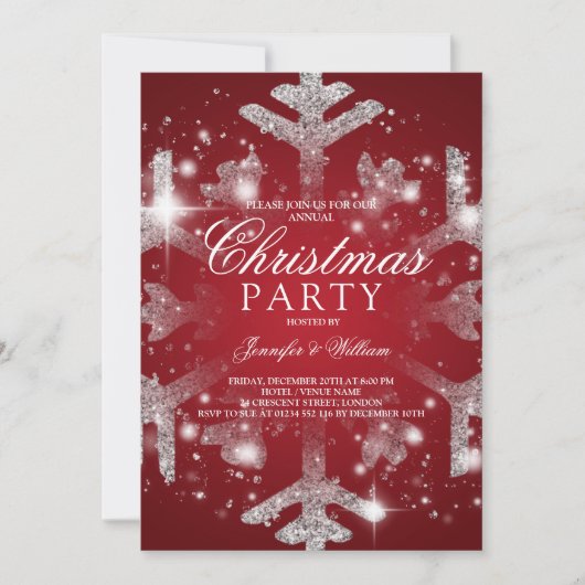 シルバーレッドグリッタースノーフレーククリスマスズホリデーパーティ 招待状 (正面)