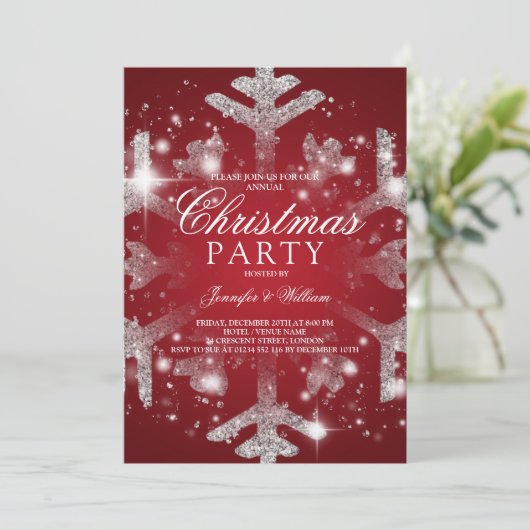 シルバーレッドグリッタースノーフレーククリスマスズホリデーパーティ 招待状 (スタンド正面)