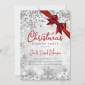 シルバーレッドグリッターリボンクリスマスウィンターホリデー 招待状 (正面)