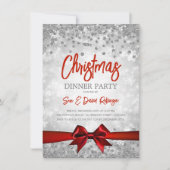 シルバーレッドグリッターリボンクリスマスホリデー 招待状 (正面)