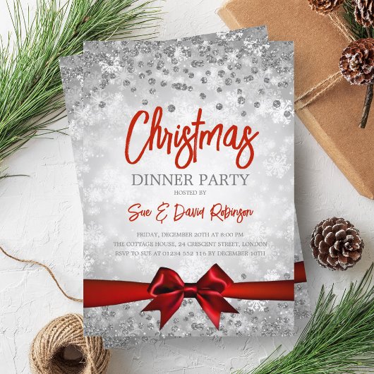 シルバーレッドグリッターリボンクリスマスホリデー 招待状