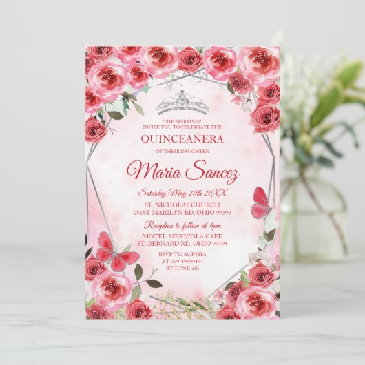 シルバーレッドスペインのフラワーガールスウィート16th誕生日 招待状 (スタンド正面)