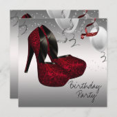 シルバーレッドハイヒールシューズ誕生日パーティー 招待状 (正面/裏面)