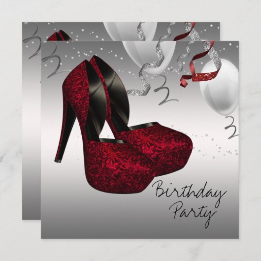 シルバーレッドハイヒールシューズ誕生日パーティー 招待状 (正面/裏面)
