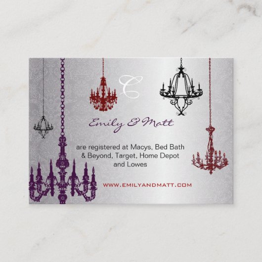 シルバーレッドパープルブラックシャンデリアダマスクウェディング エンクロージャーカード (正面)