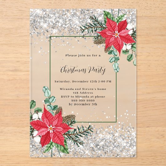 シルバーレッドフローラの色は、クリスマスのパーティーを曇らせた アクリル招待状 (正面)