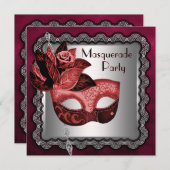 シルバーレッドブラックマスクマスカレードパーティー 招待状 (正面/裏面)