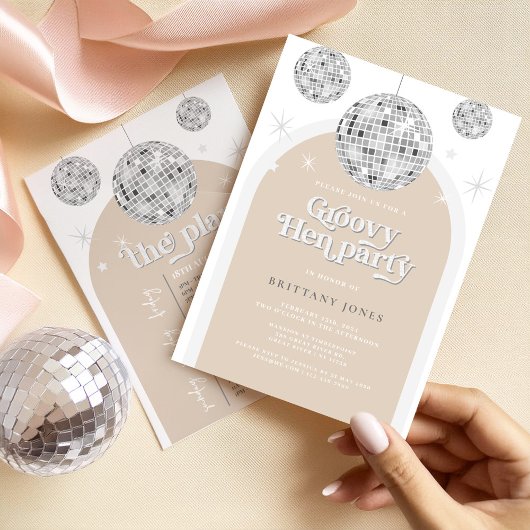 シルバーレトロディスコグリッターアーチヘンパーティーウィークエンド 招待状