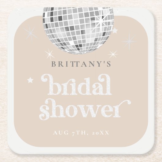 シルバーレトロディスコグルーヴィブライダルシャワー スクエアペーパーコースター (正面)