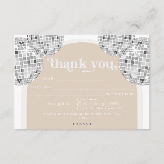 シルバーレトロディスコブライダルシャワーサンキューカード エンクロージャーカード (正面)