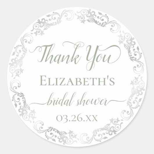 シルバーレースとセージグリーンのブライダルシャワーのお礼 ラウンドシール (正面)