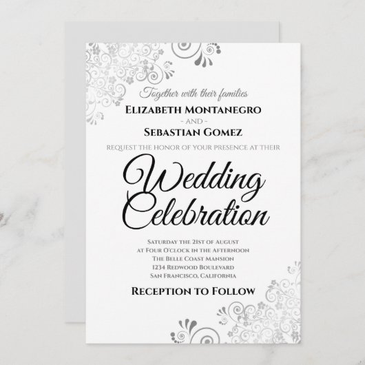 シルバーレースのようフローラフィリシンプルグリー結婚式 招待状 (正面/裏面)