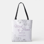 シルバーレースのよう&ラベンダーメイド・オブ・オーナー(花嫁付き添い人)ホワイト結婚ズ トートバッグ (裏面)