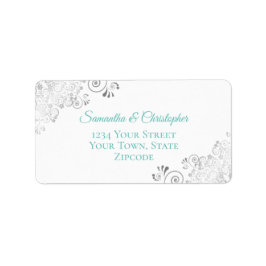 シルバーレースアクアティール（緑がかった色）オンホワイト結婚ズアドレス ラベル