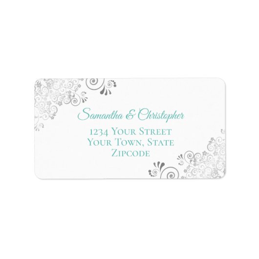 シルバーレースアクアティール(緑がかった色)オンホワイト結婚ズアドレス ラベル (正面)